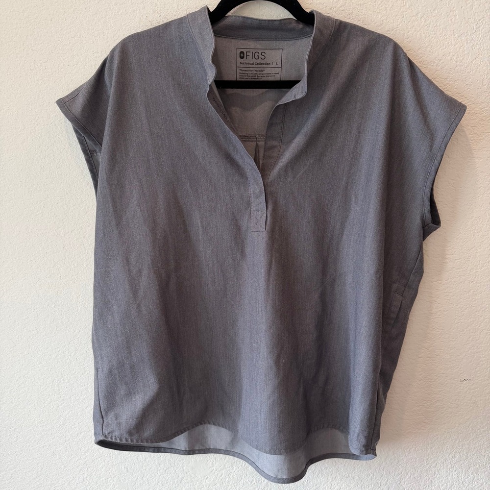 FIGS Technical Collection Heather Charcoal Grey Mandarin Collar Scrub Top Large